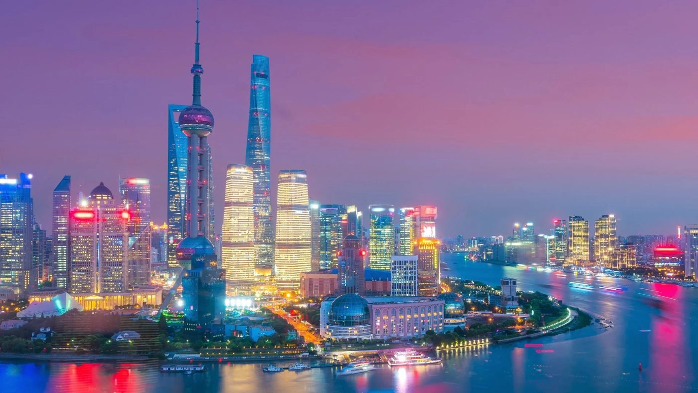 Pudong skyline in Shanghai at sunset