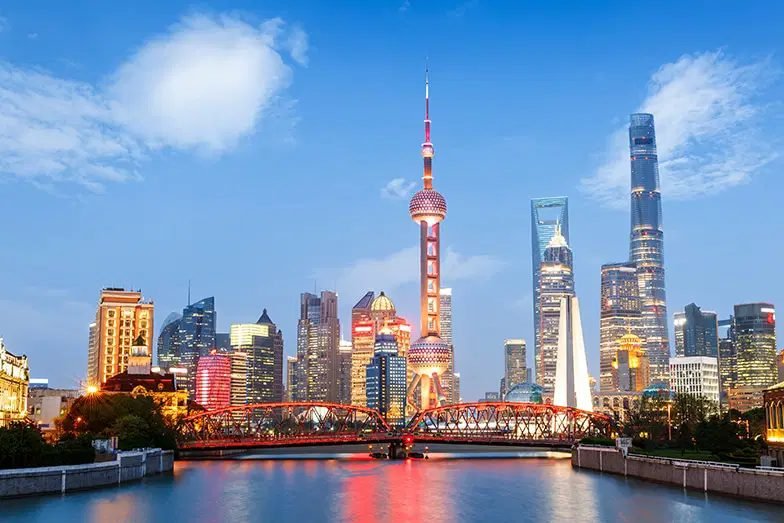 Shanghai skyline and the Bund at dusk
