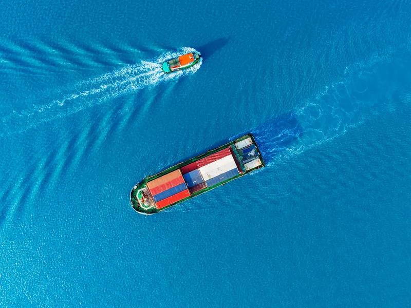 Aerial view of a container vessel at sea